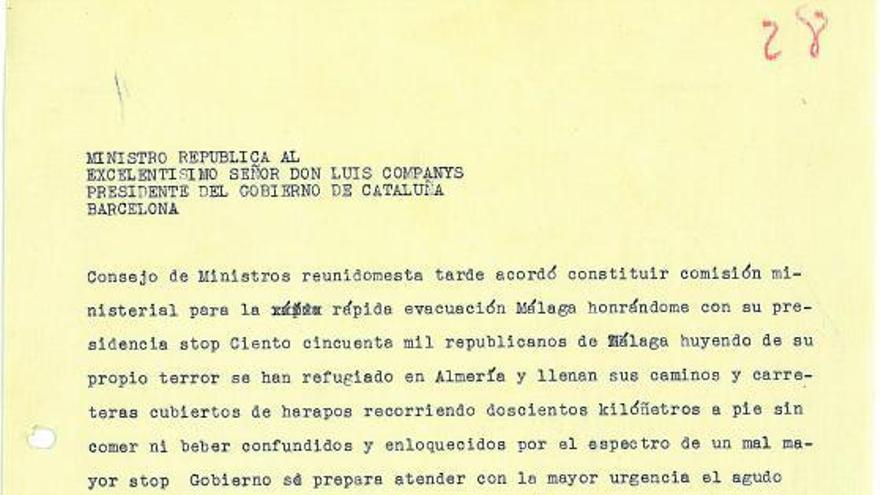 Un telegrama enviado el 13 de febrero pidiendo ayuda para los refugiados. | MUSEU ARXIU SANTA MARÍA DE MATARÓ