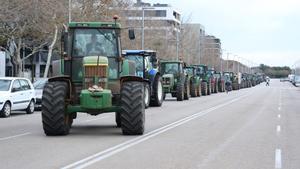 Tractores entran por una carretera al centro de Palma durante el décimo cuarta jornada de protestas de los tractores en las carreteras españolas, a 19 de febrero de 2024, en Palma de Mallorca, Mallorca, Baleares (España). Agricultores y ganaderos de toda