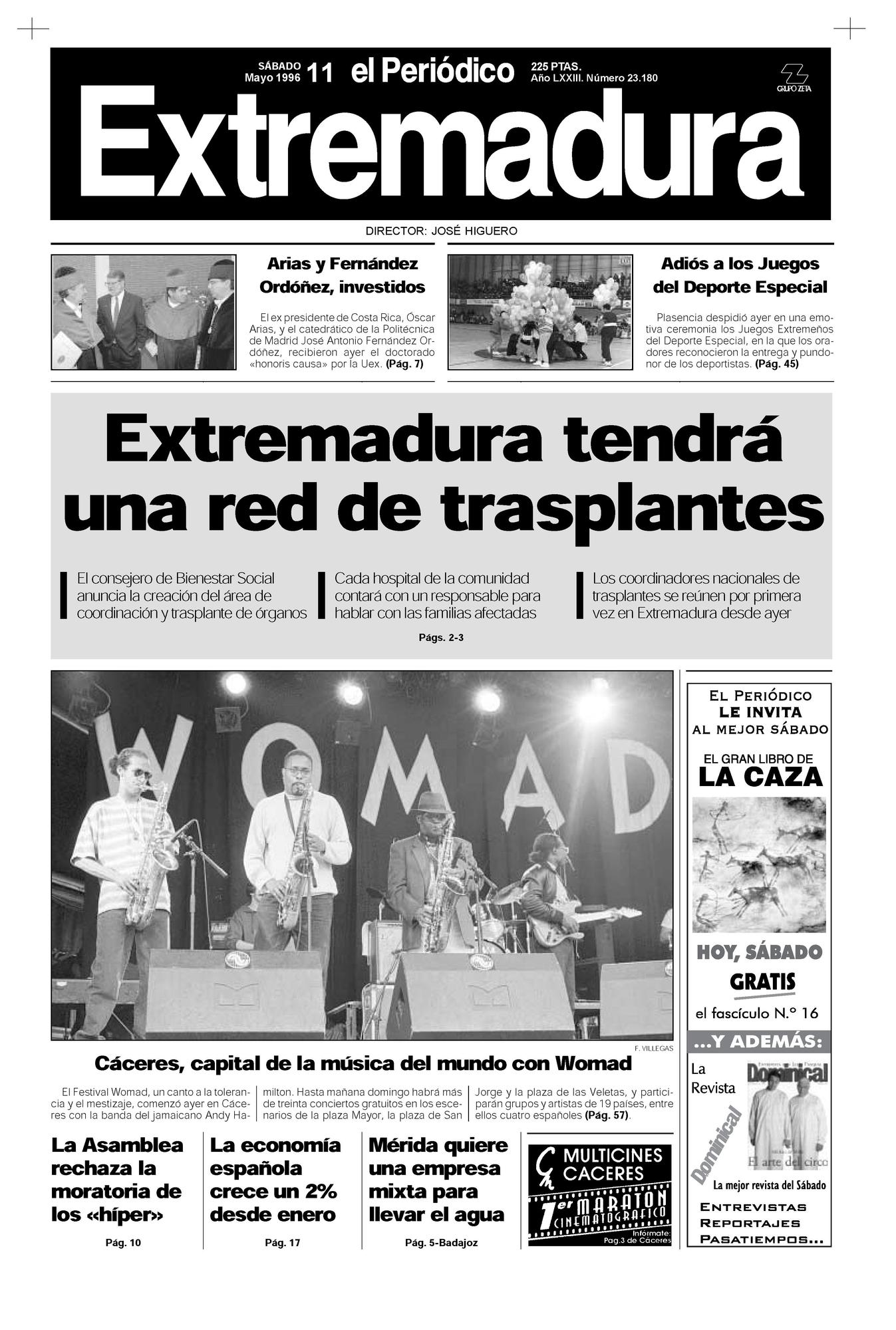 Portada de El Periódico Extremadura el 11 de mayo de 1996.