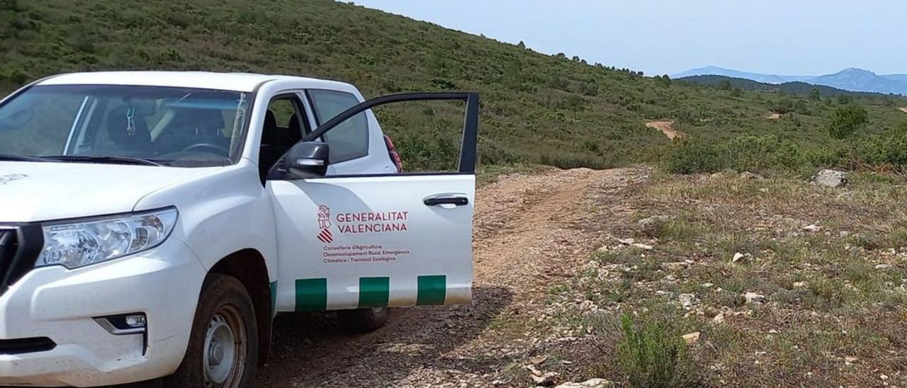 Uno de los vehículos de la Generalitat Valenciana, aparcado en un cortafuegos. | LEVANTE.EMV