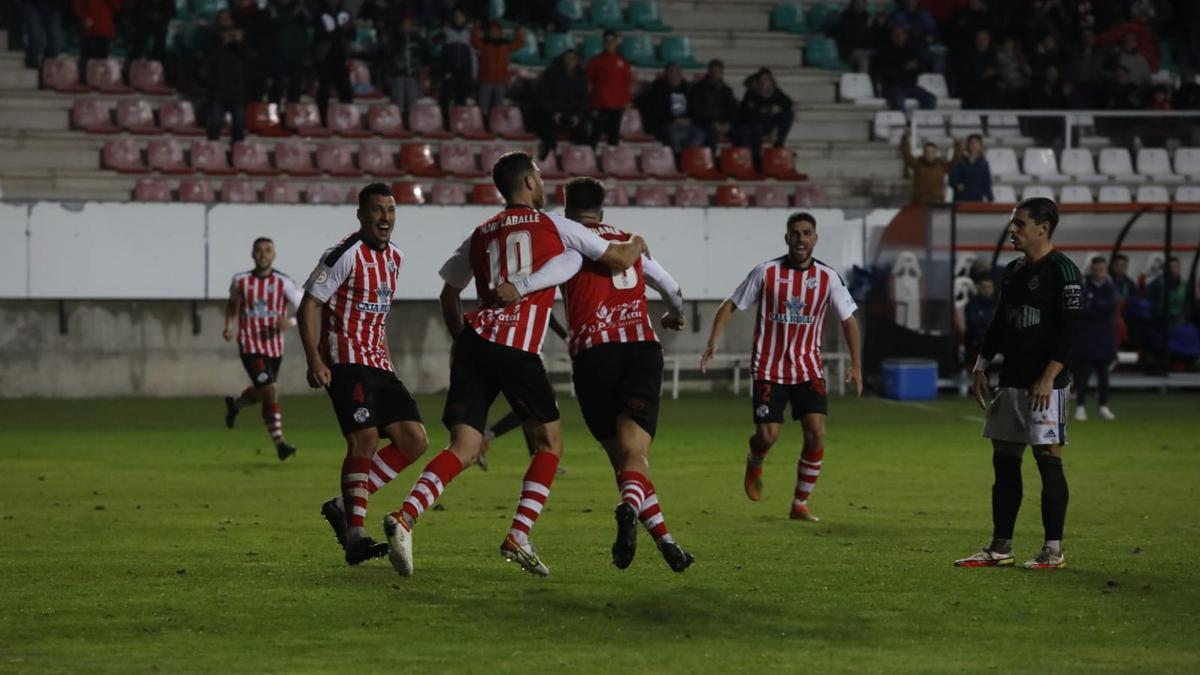 Los jugadores del Zamora CF celebran el 1-0 marcado por Juanan ante la Gimnástica.