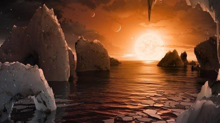 Recreació artística del que podria ser la superfície de l&#039;exoplaneta Trappist-1F, del sistema Trappist-1