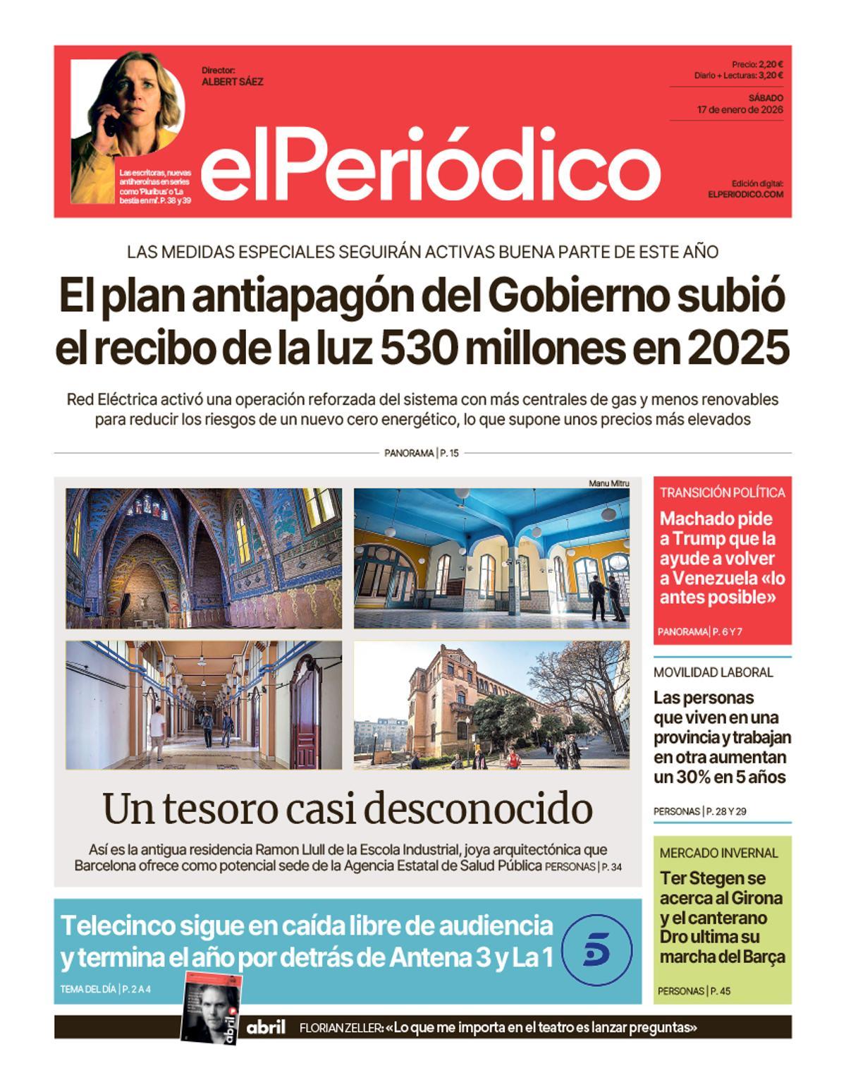 La portada de EL PERIÓDICO del 17 de enero de 2026