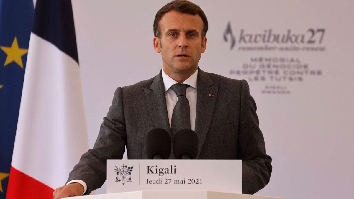 El presidente francés, Emmanuel Macron, durante el discurso que ha ofrecido este jueves en el Memorial del Genocidio en Kigali.