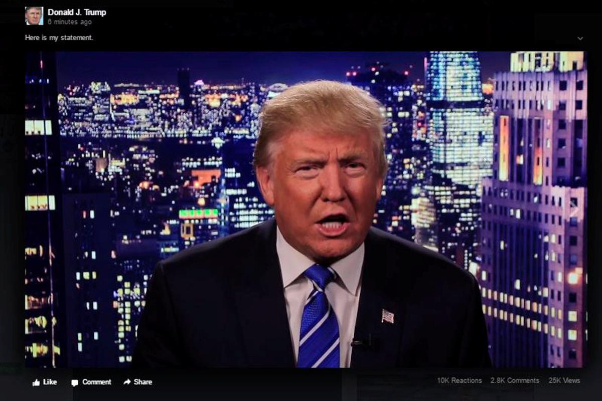Republican U.S. presidential nominee Donald Trump is seen in a video screengrab as he apologizes for lewd comments he made about women during a statement recorded by his presidential campaign and released via social media after midnight October 8, 2016. Donald J. Trump via Reuters/Handout FOR EDITORIAL USE ONLY. NO RESALES. NO ARCHIVES.     TPX IMAGES OF THE DAY