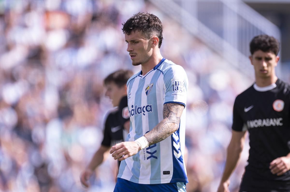 Murillo, durante el Málaga CF-FC Andorra de la presente temporada.