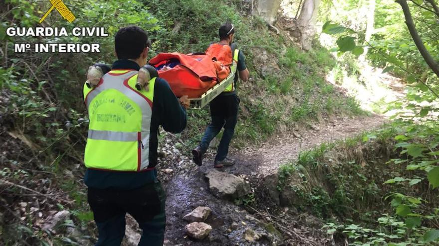 Los efectivos de la Guardia Civil, trasladando al senderista.