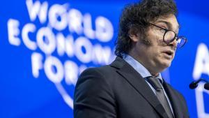 El presidente argentino, Javier Milei, durante su discurso en el Foro de Davos, este miércoles.