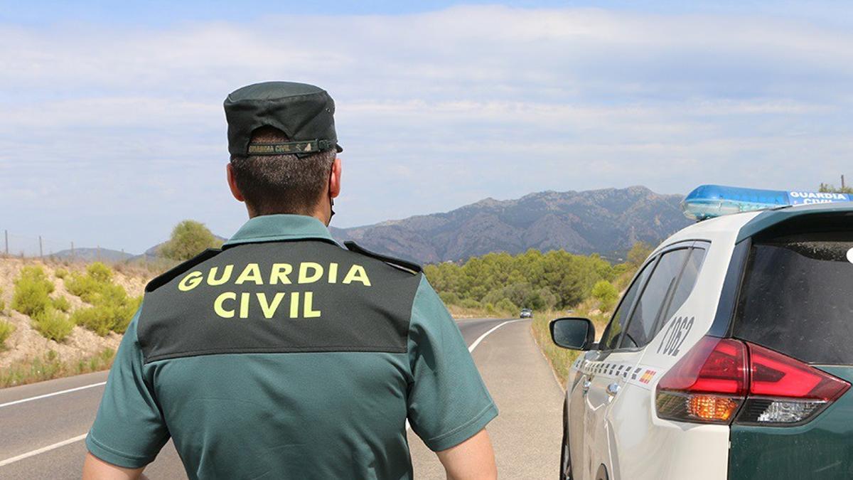 Un agente de la Guardia Civil junto a un vehículo en una carretera.