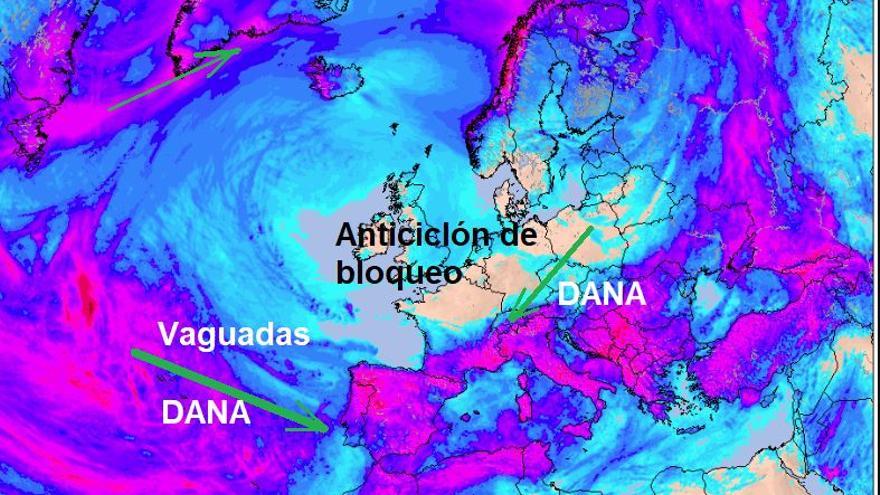 Modelo que muestra el anticiclón sobre las islas británicas y la dinámica de los frentes borrascosos
