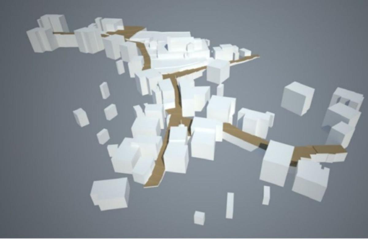 Recreación del núcleo con los viales a intervenir en color marrón.