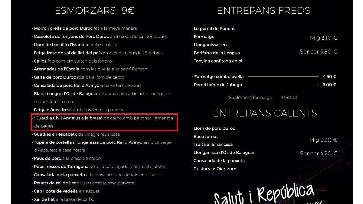 Un restaurante de Balaguer ofrece en la carta &quot;Guardia Civil andaluz a la brasa&quot;