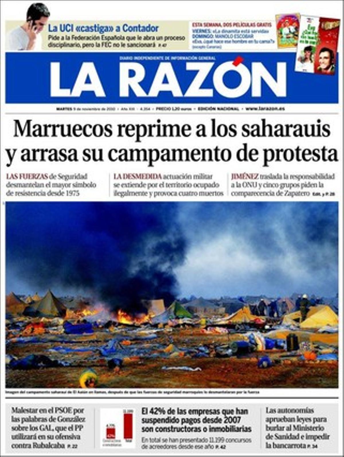 ’La Razón’ destaca a dins que Jesús Eguiguren, president del PSE-PSOE, es pot convertir en el salvador d’Arnaldo Otegi en el judici que comença demà passat; encara que ni la dona del mateix Eguiguren el creu. També ressalta que el PP porta al Tribunal Suprem el veto del Govern a les esmenes de l’oposició contra la congelació de les pensions; i que Cuba cola a Espanya 7 exiliats que no són presos de consciència mentre manté tancats a la presó 13 dissidents.
