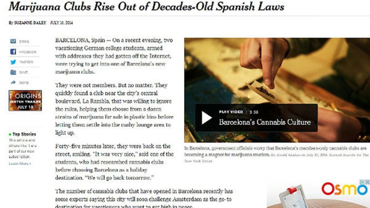 Reportaje sobre los clubs de cannabis en Barcelona, en 'The New York Times'.