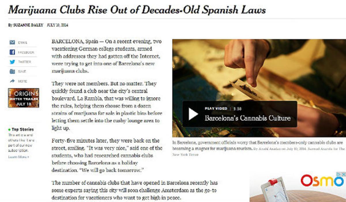 Reportatge sobre els clubs de cànnabis a Barcelona, a ’The New York Times’.