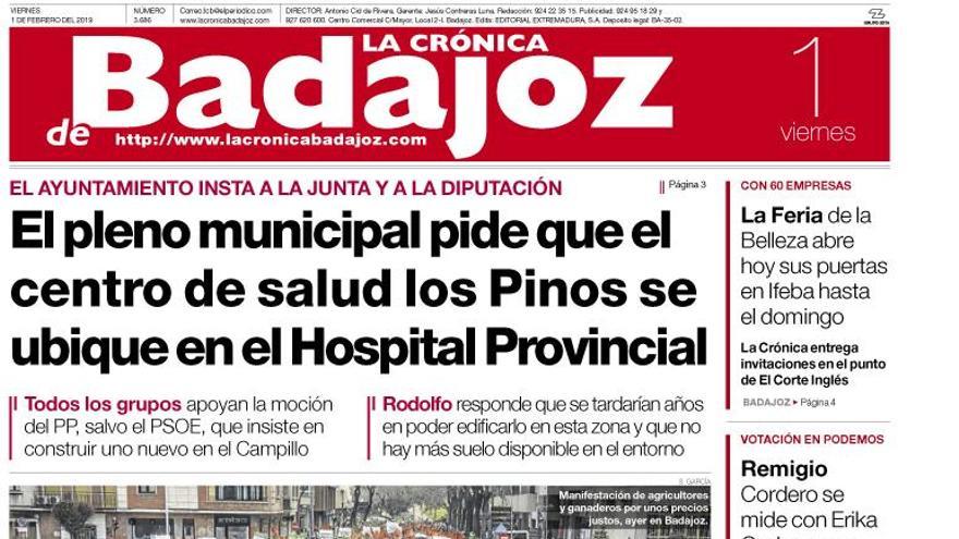 Esta es la portada de LA CRÓNICA DE BADAJOZ correspondiente al día 1 de febrero del 2019