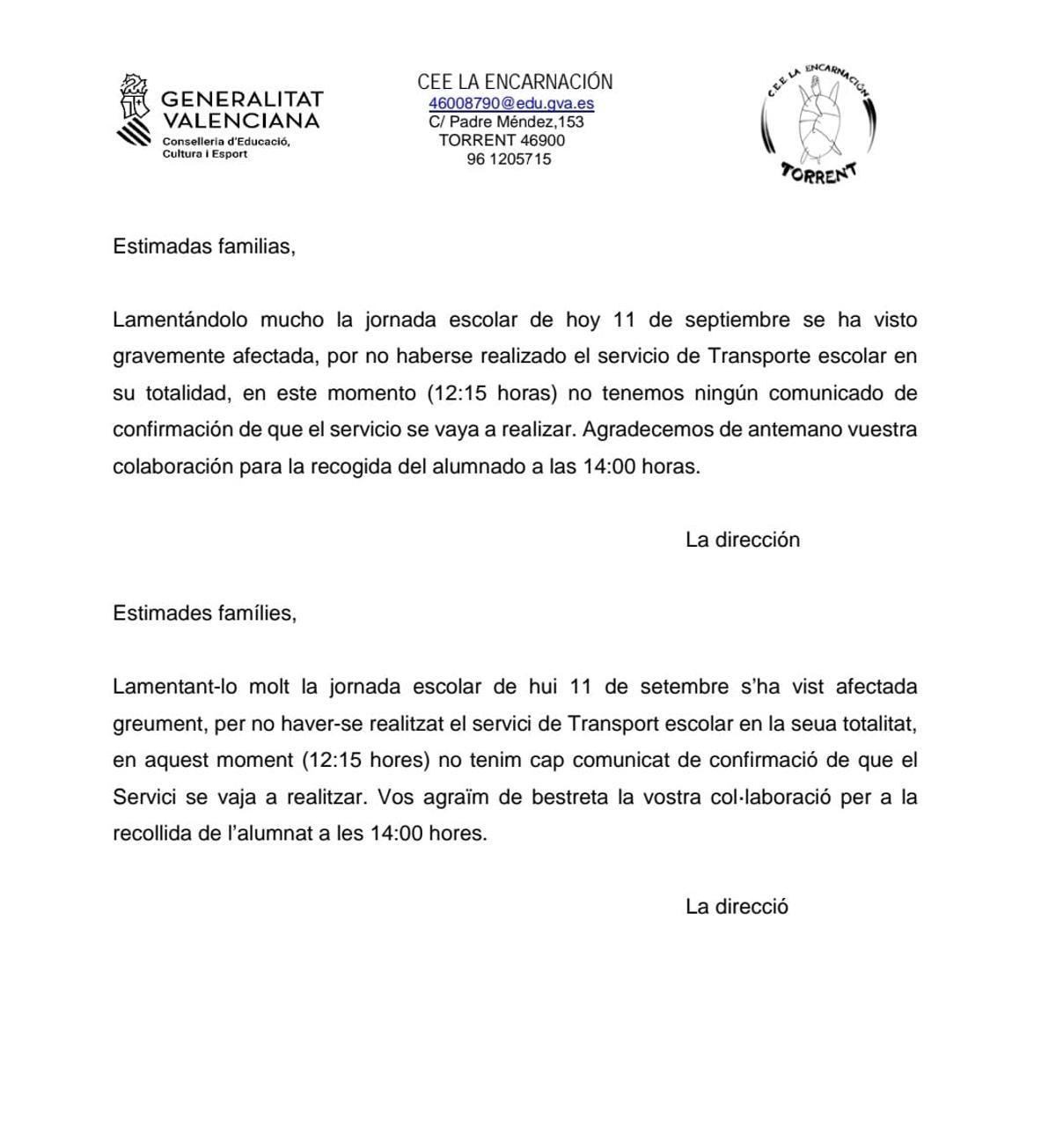 Comunicado emitido por el CEE La Encarnación tras el incidente