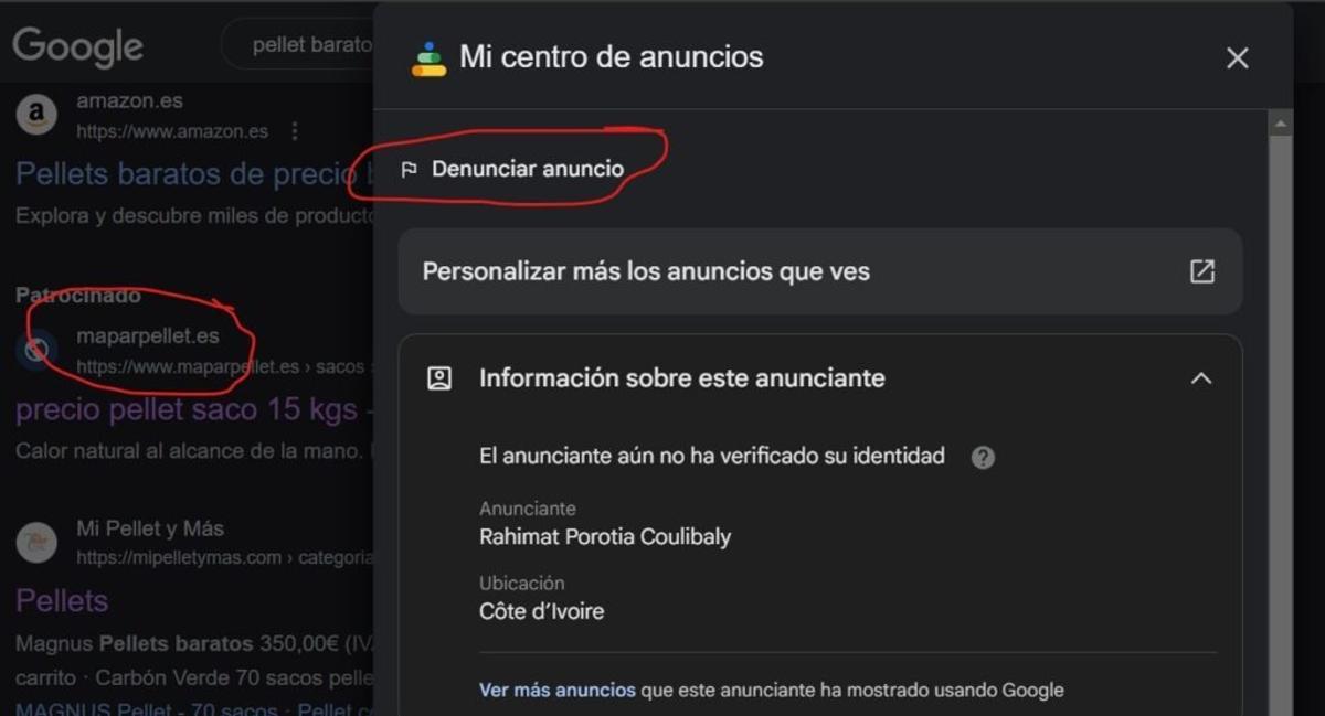 Cómo denunciar un enlace patrocinado de Google de una web fraudulenta.
