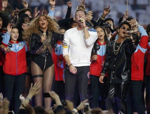 Beyonce, Martin and Mars perform during the half-time show at the NFL's Super Bowl 50 between the Carolina Panthers and the Denver Broncos in Santa Clara