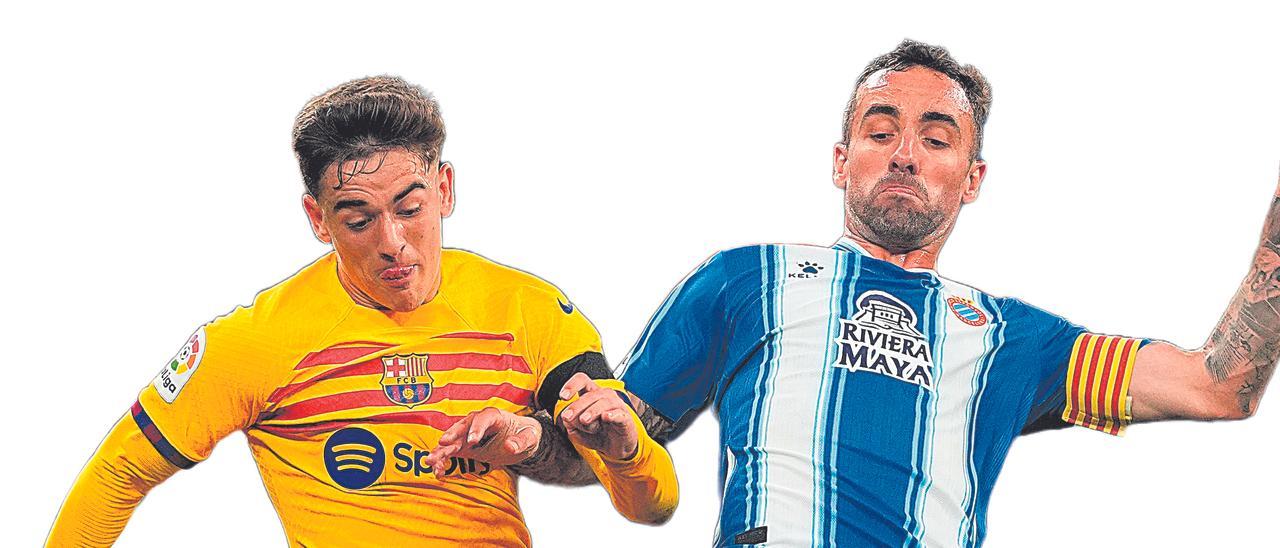 Sergi Darder disputa el balón con el azulgrana Gavi en el derbi barcelonés disputado en Cornellà-El Prat.
