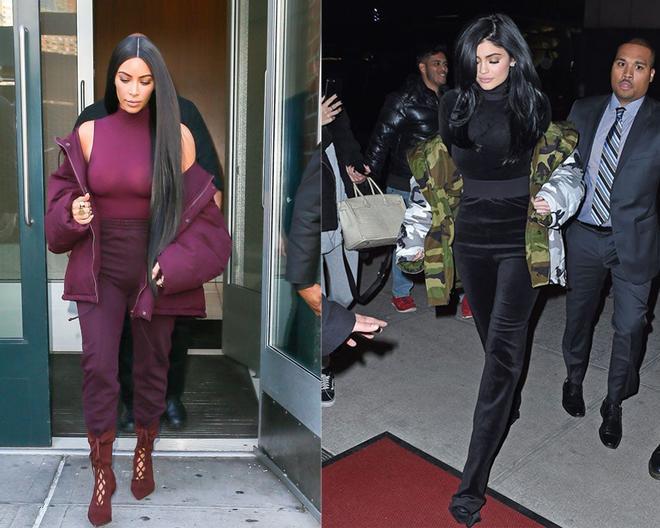 Kim Kardashian y Kylie Jenner con la moda del abrigo por el hombro