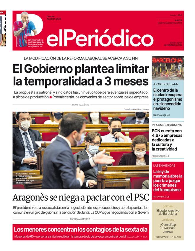 La portada de EL PERIÓDICO del 18 de novembre del 2021
