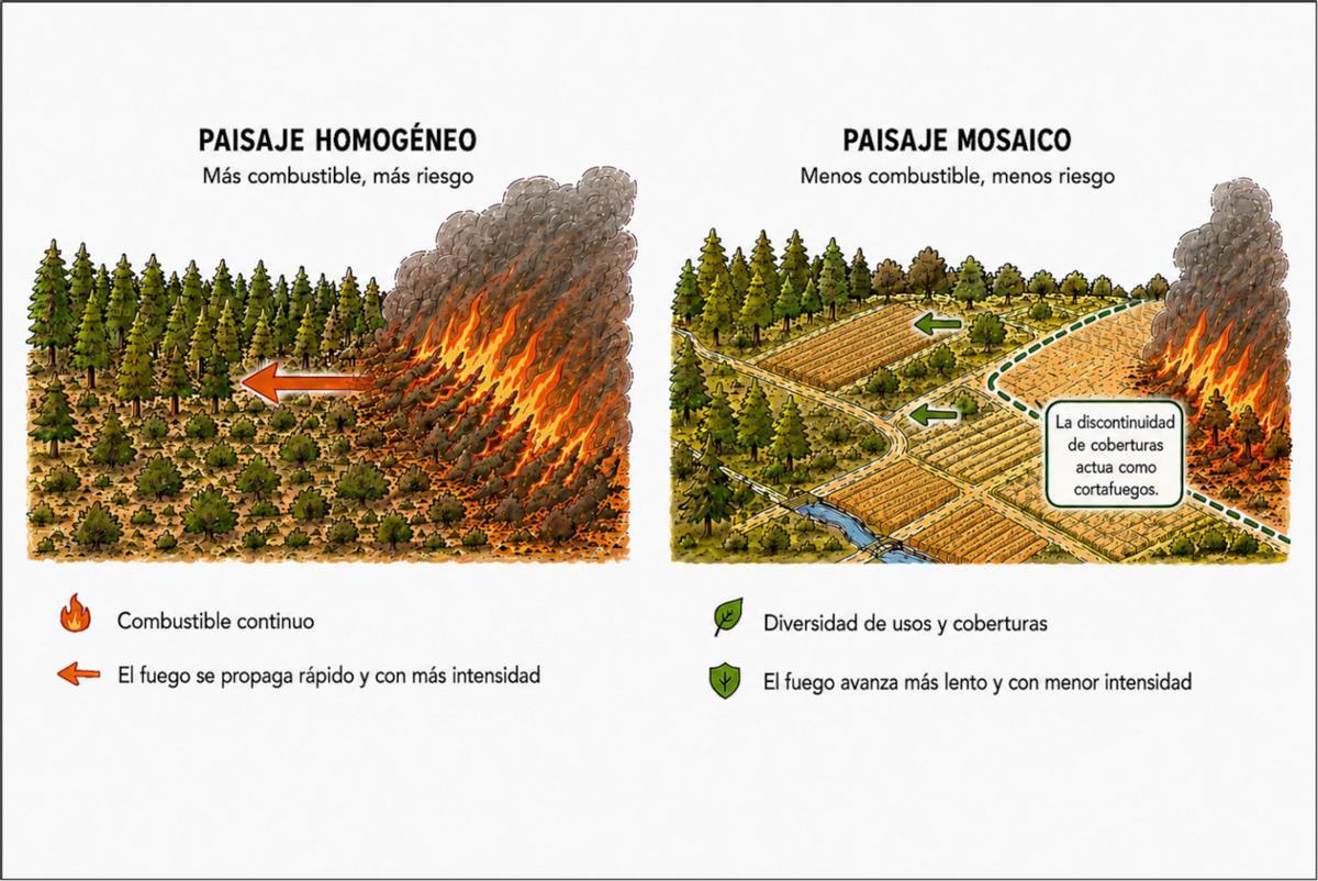 Infografía de la Universitat de València que compara un paisaje homogéneo con uno mosaico.