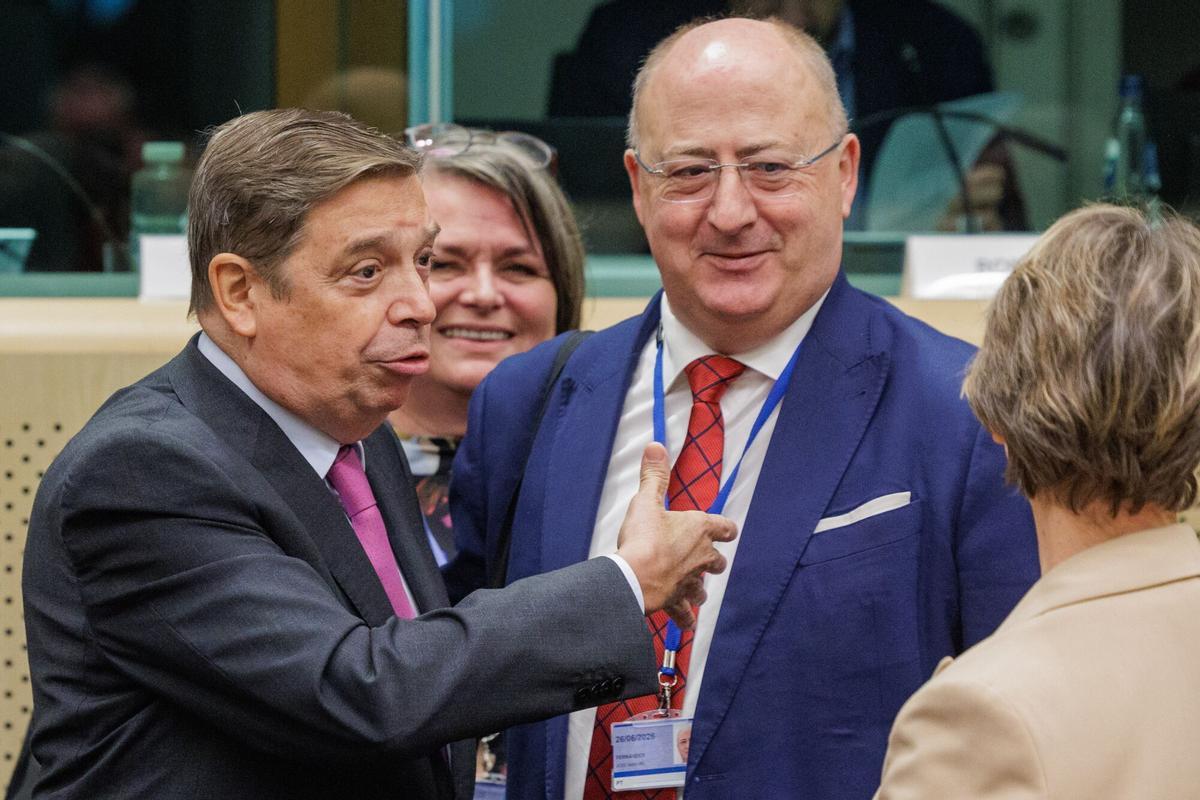 El ministro español de Alimentación, Agricultura y Pesca, Luis Planas, conversa con su homólogo portugués de Agricultura y Pesca, José Manuel Fernandes, durante la reunión del Consejo Europeo de Agricultura y Pesca en Bruselas, este lunes.