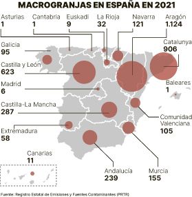 El mapa de las macrogranjas en España.