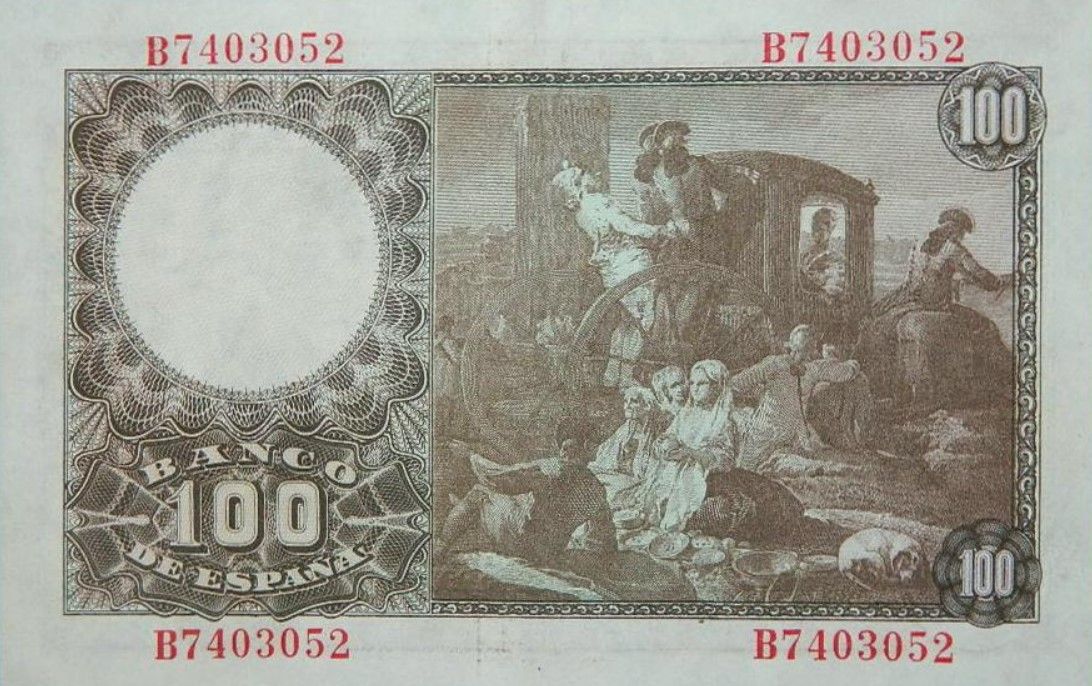 Imagen del reverso de un billete en el que aparece el lienzo de &#039;El cacharrero&#039;, de Goya, basado en la venta de cerámica alcorina