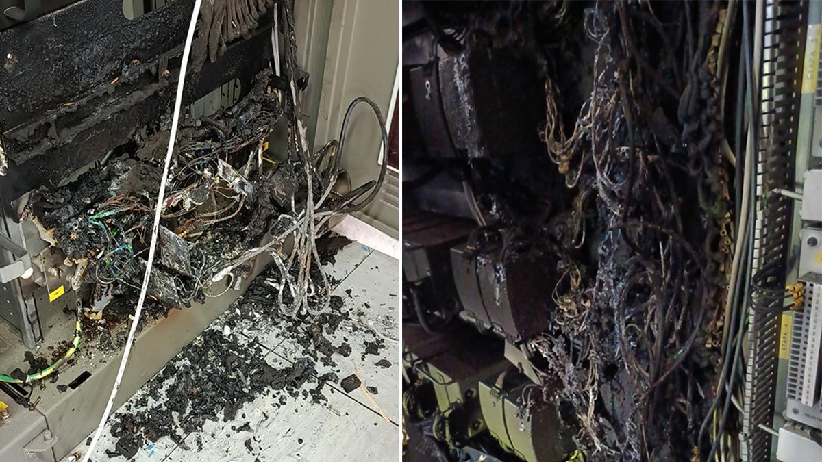 Daños causados por el robo de cable en infraestructuras en Les Borges Blanques (izquierda) y Vinaixa