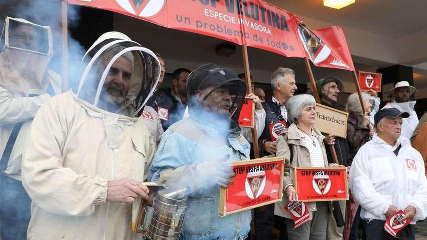 Apicultores gallegos, en la concentración de ayer en Santiago. // Xoán Álvarez