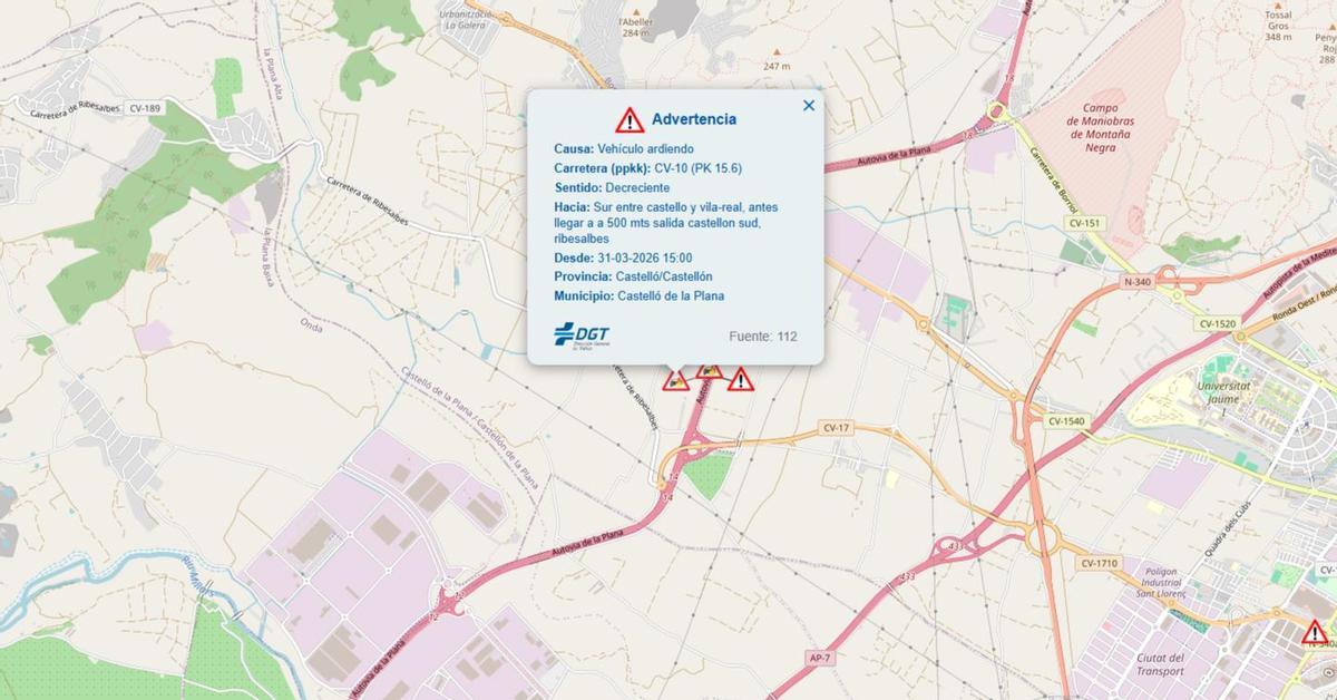 El aviso de la Dirección General de Tráfico del vehículo ardiendo en la CV-10.