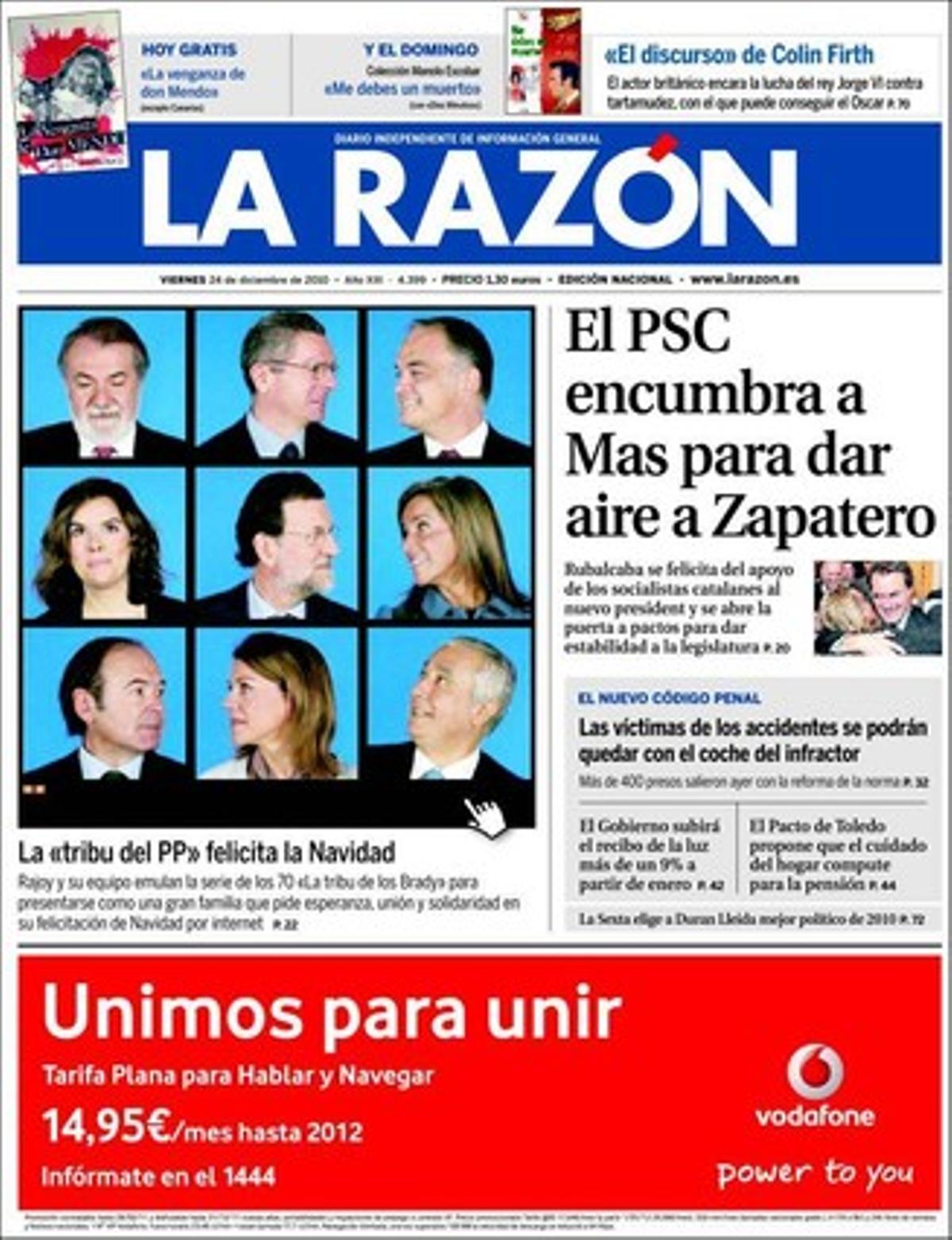 A dins ’La Razón’ destaca que les víctimes del terrorisme clamen contra els permisos a presos etarres que s’estan concedint aquest Nadal; que l’aprovació de la llei de mesures urgents per sostenir les finances autonòmiques de Múrcia ha desencadenat protestes i concentracions de sindicalistes i funcionaris --incloent-hi alguna agressió-- contra càrrecs del PP i el president de la comunitat; i que els jutges adverteixen a CiU que ha de vetllar pel castellà a les aules i que Convivència Cívica preveu una allau de peticions.