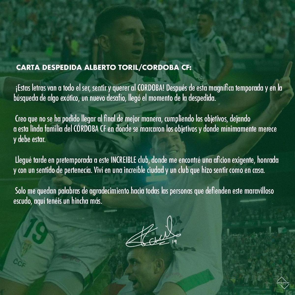 Carta de despedida del Córdoba CF de Alberto Toril.