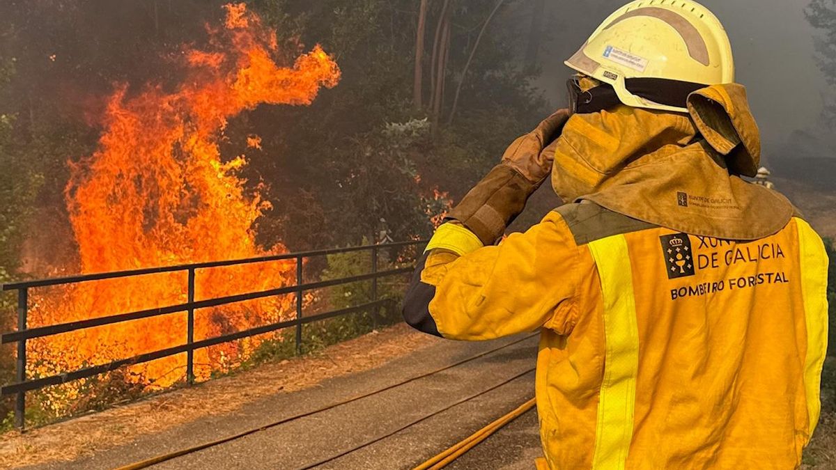Labores de extinción del incendio forestal declarado en las inmediaciones de A Cañiza.