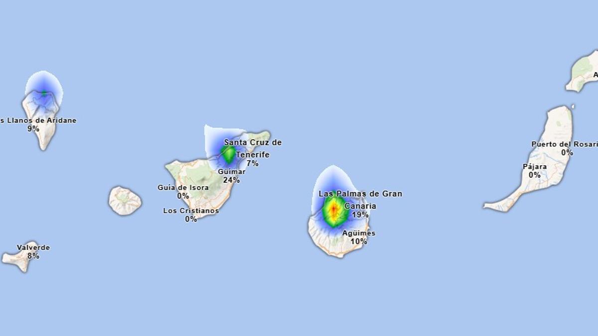 Mapa de Canarias con la probabilidad de lluvia