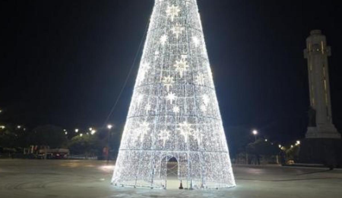 Pruebas de iluminación en el gran árbol de Navidad de Santa Cruz.