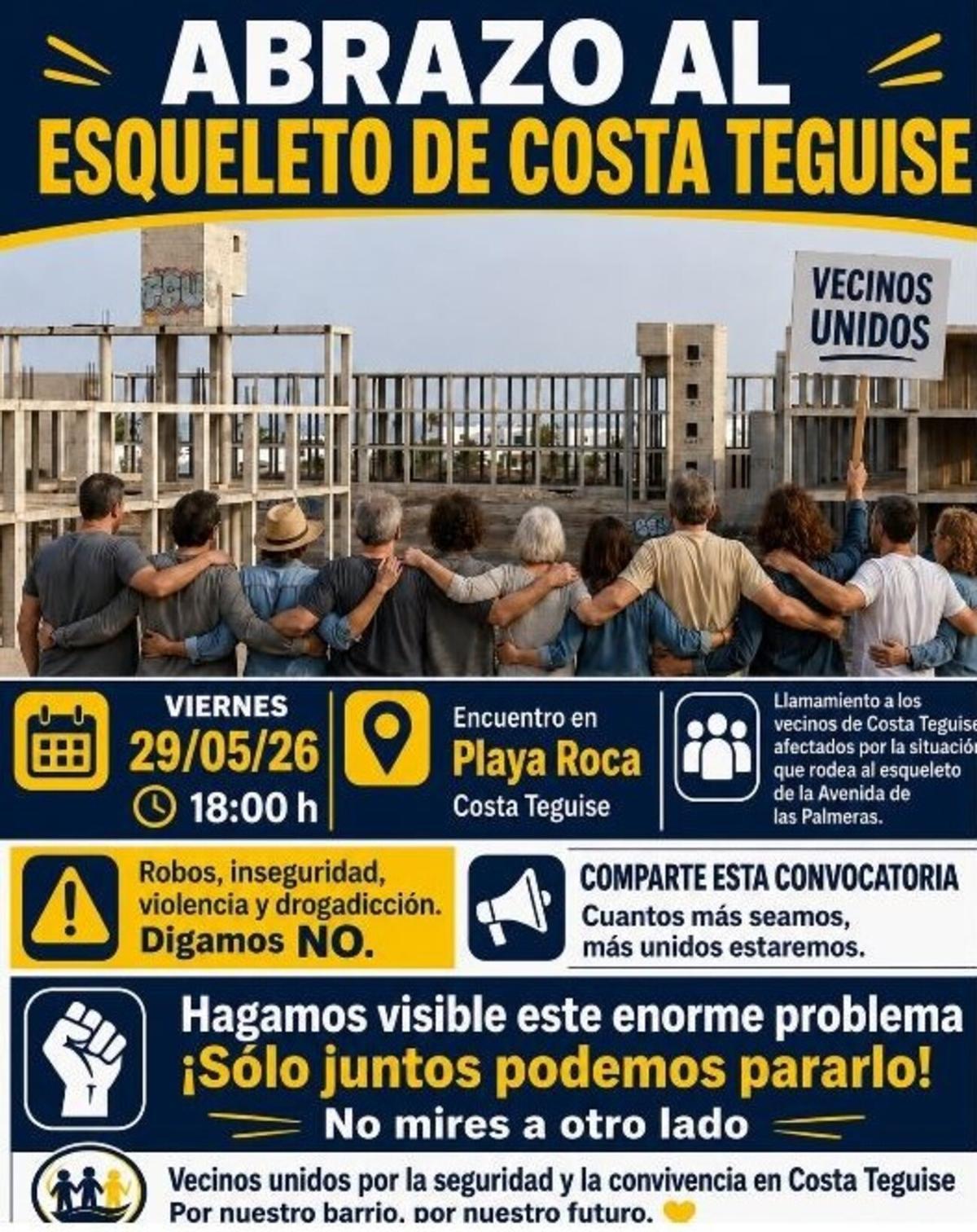 Cartel de la convocatoria de la manifestación ante el hotel abandonado en la parcela 216 en Costa Teguise