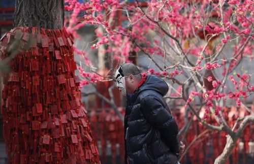 Un hombre lleva una máscara mientras pasea alrededor de un árbol cubierto de tablillas de madera engrabadas con deseos de Año Nuevo en el templo de Daguanyuan