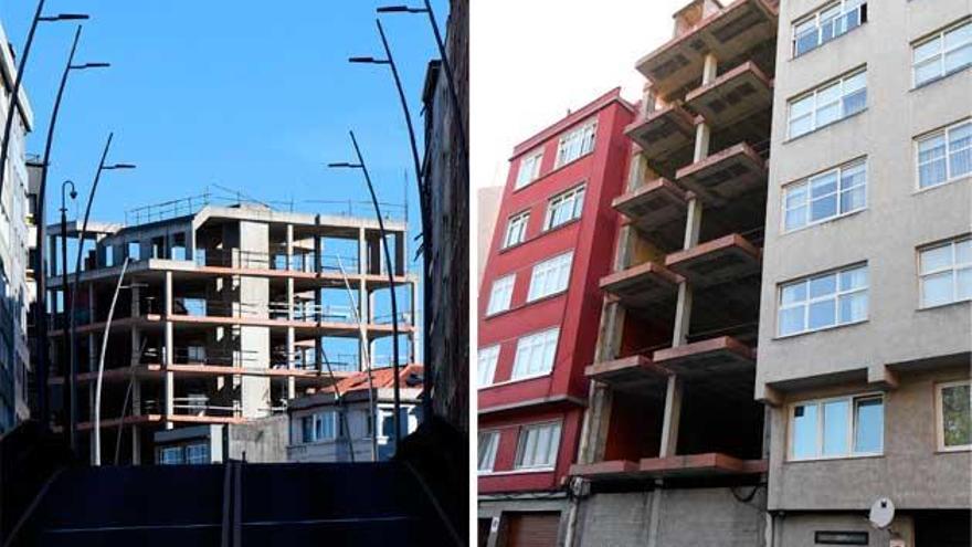 Esqueleto del número 201 de la ronda de Outeiro y edificio a medio construir en el número 17 de la calle Argentina.