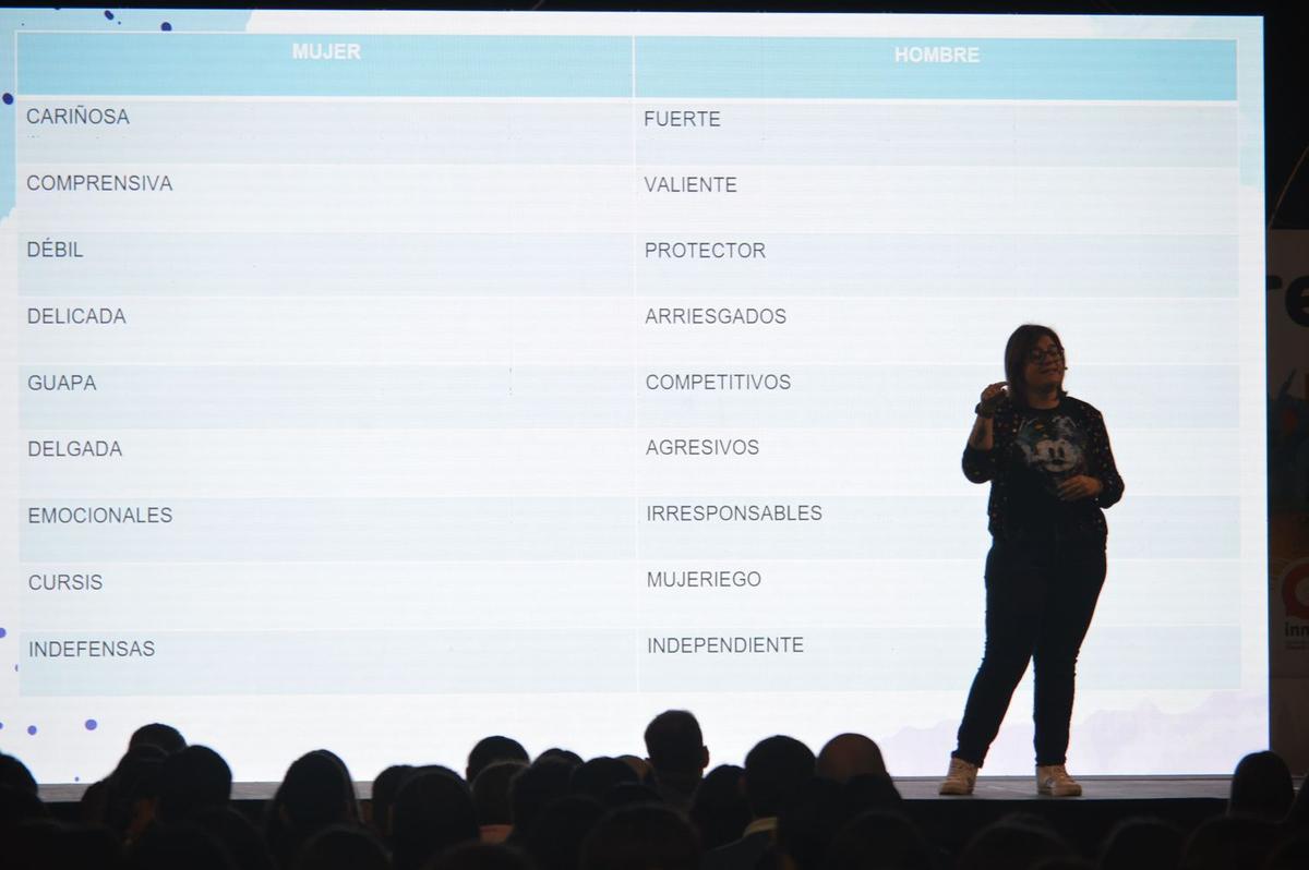 Marina Marroquí frente a la pantalla en la que ha resumido los estereotipos machistas de la mujer y el hombre.