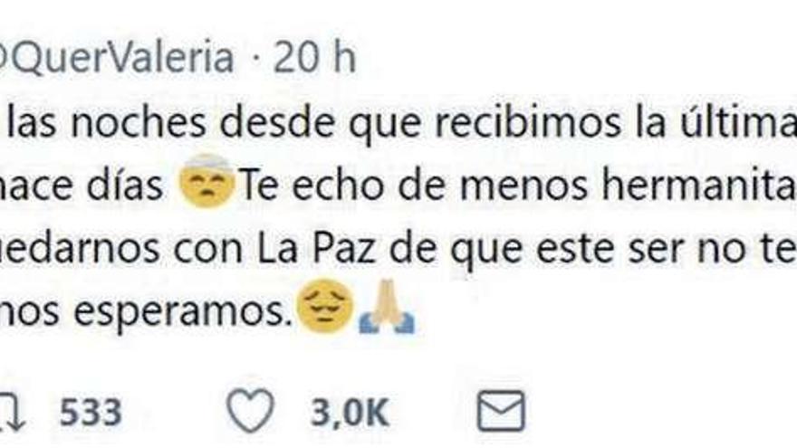 Mensaje que Valeria Quer dejó en Twitter dedicado a su hermana.