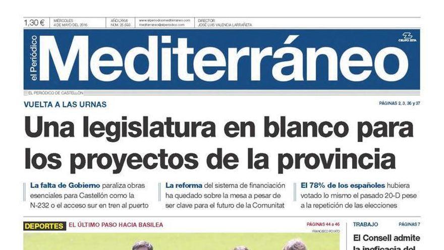 Mediterráneo lleva a su portada en la edición de hoy miércoles los siguientes temas destacados: