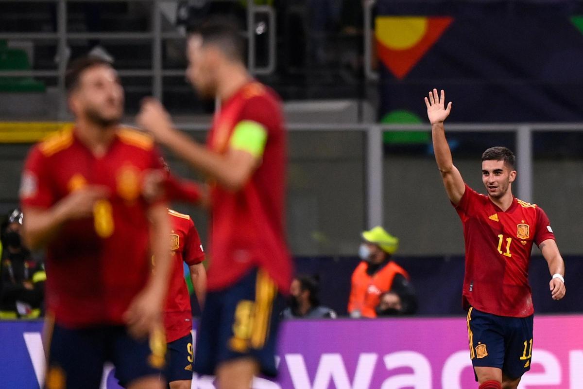 Ferran Torres celebra su segundo gol en el Italia-España de la Liga de Naciones