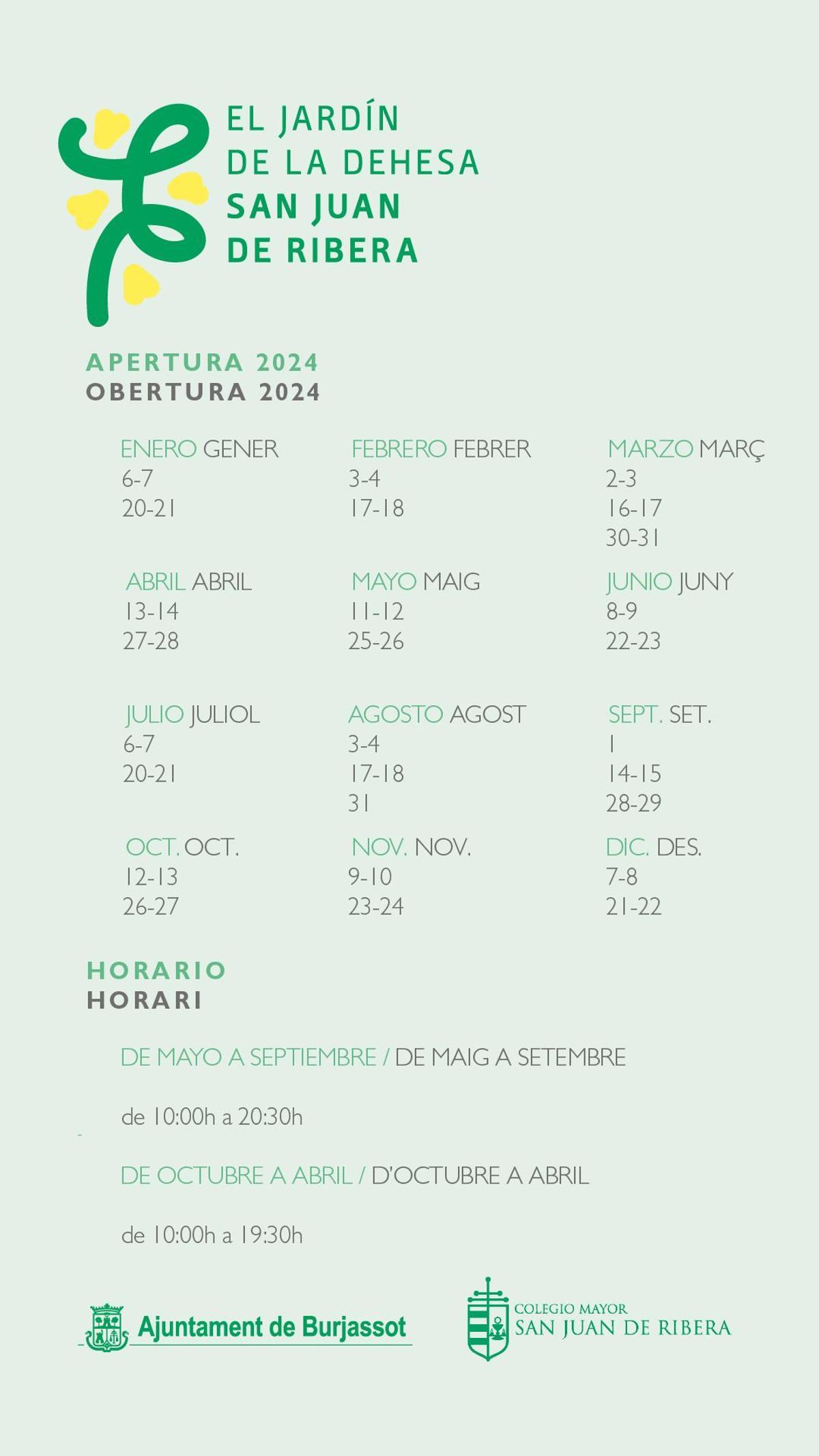 Calendario de apertura del Jardín de la Dehesa