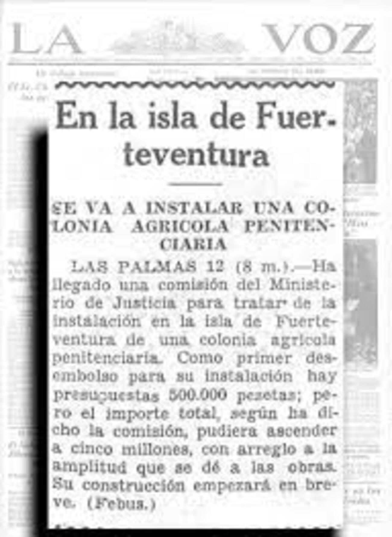Recorte de prensa de 1954 sobre la llegada a Canarias de una comisión para instalar en Fuerteventura una colonia agr�cola penitenciaria..jpeg