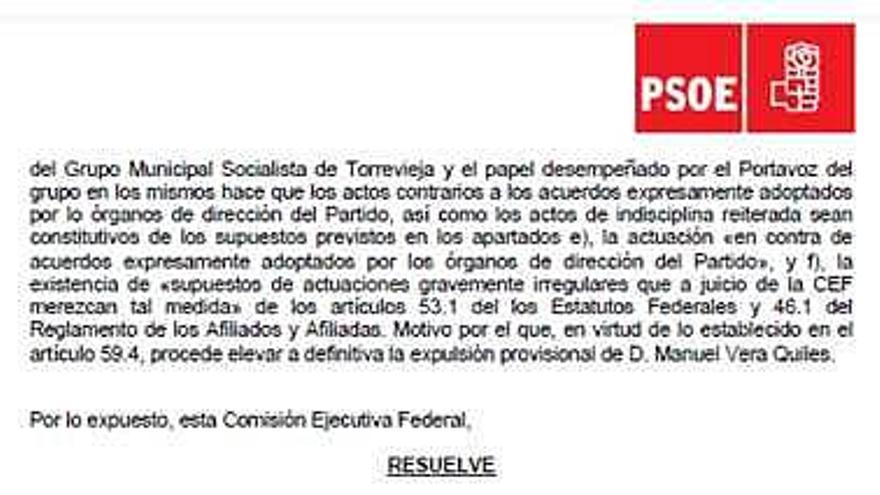 La expulsión de Vera es ya definitiva y el PSOE dice que ni recurrió el expediente