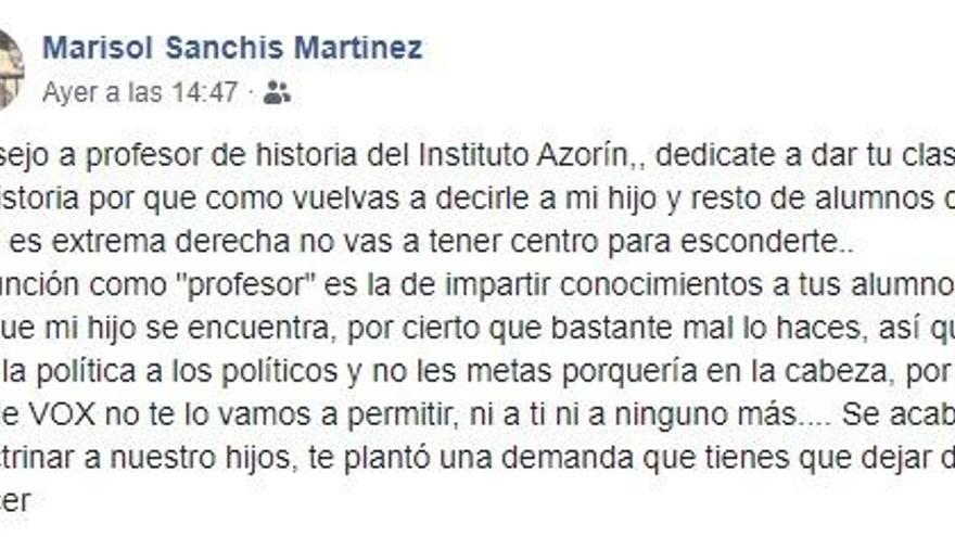 Educación se pone a disposición del profesor amenazado por una dirigente de Vox en Petrer