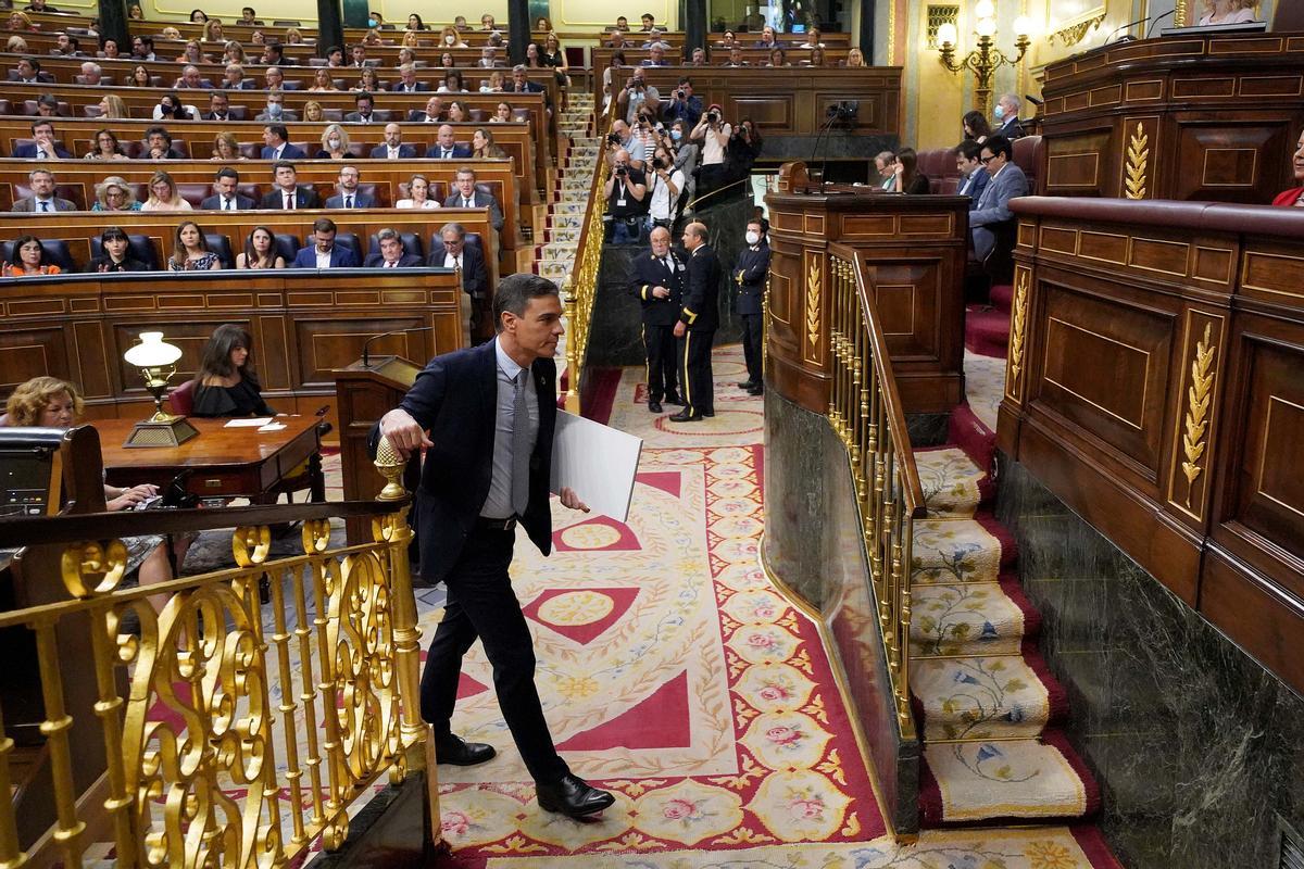 El presidente del Gobierno, Pedro Sánchez, durante su intervención en el debate sobre el estado de la nación, este martes en el Congreso